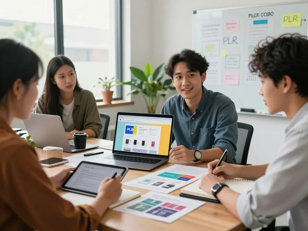 Entrepreneurs collaborating in a modern office to buy PLR products online, showcasing vibrant digital assets and strategic discussions.