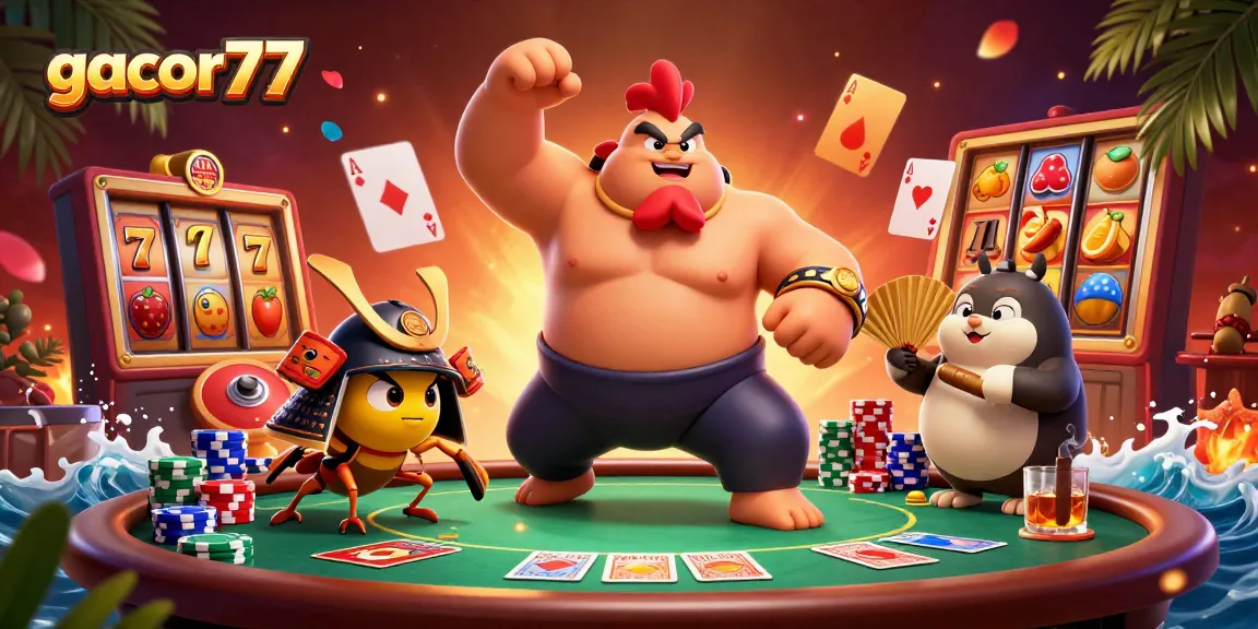 Gacor77 menampilkan pegulat ayam sumo, kriket samurai, dan tanuki di meja permainan slot.