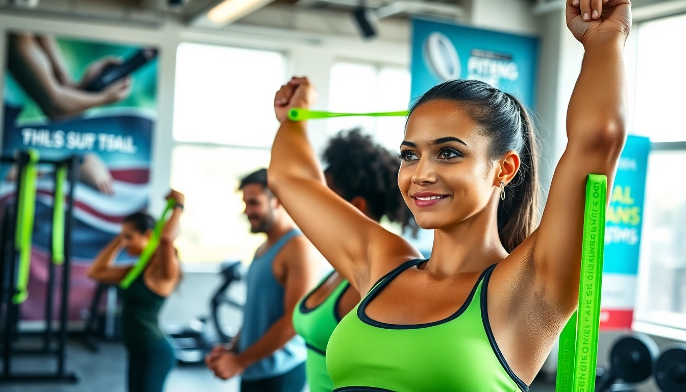 Individuals exercising with stretch bands for pull-ups in a modern gym, promoting fitness and strength.