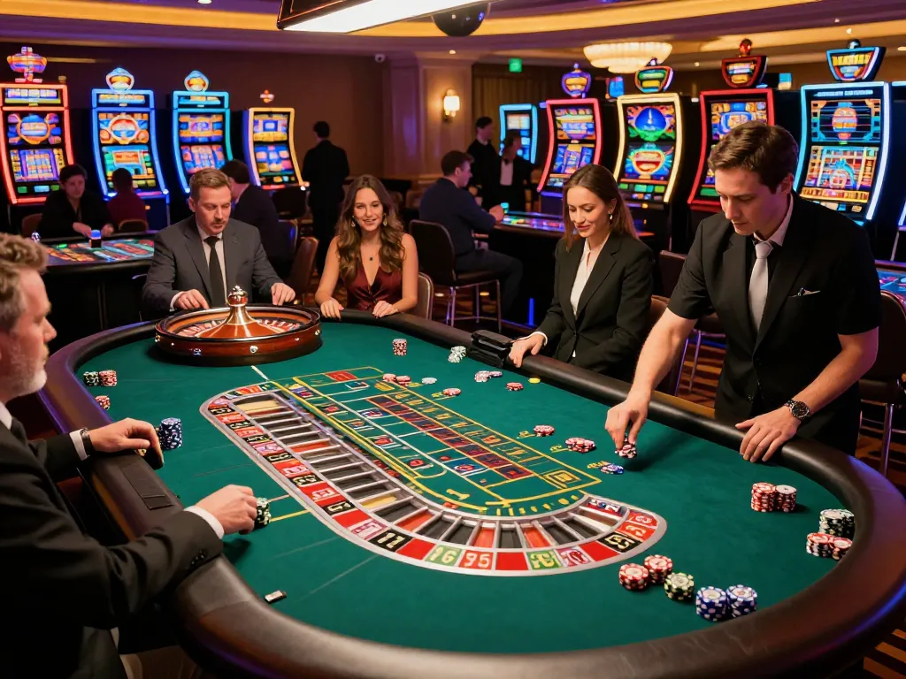 MB88 COM players enjoying the thrill of roulette at a busy casino floor, vibrant colors and excitement.