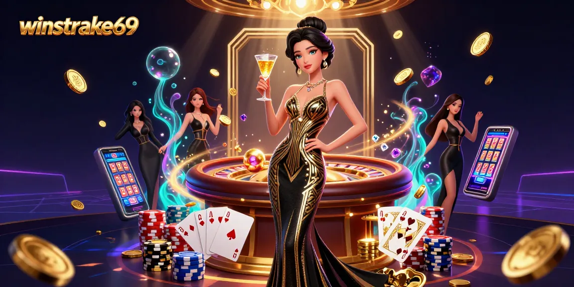 Winstrike69 features a glamorous illustration of an elegant Asian woman amidst dynamic casino elements celebrating the thrill of gaming.