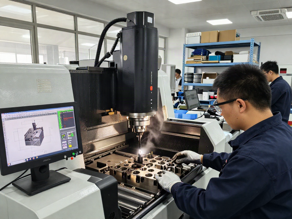 Precision CNC machining supplier with skilled technician operating advanced machine in high-tech workshop