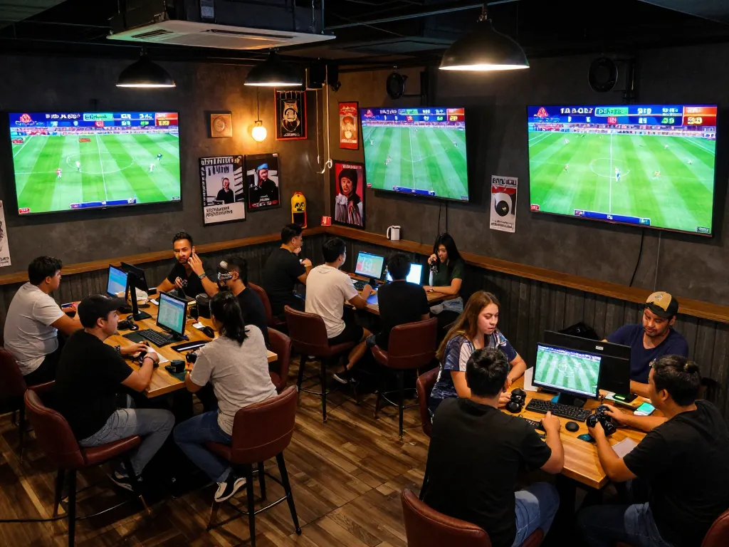 Exciting scene of fans engaging in Trực Tiếp Bóng Đá betting at a lively sports bar, multiple screens displaying live odds.