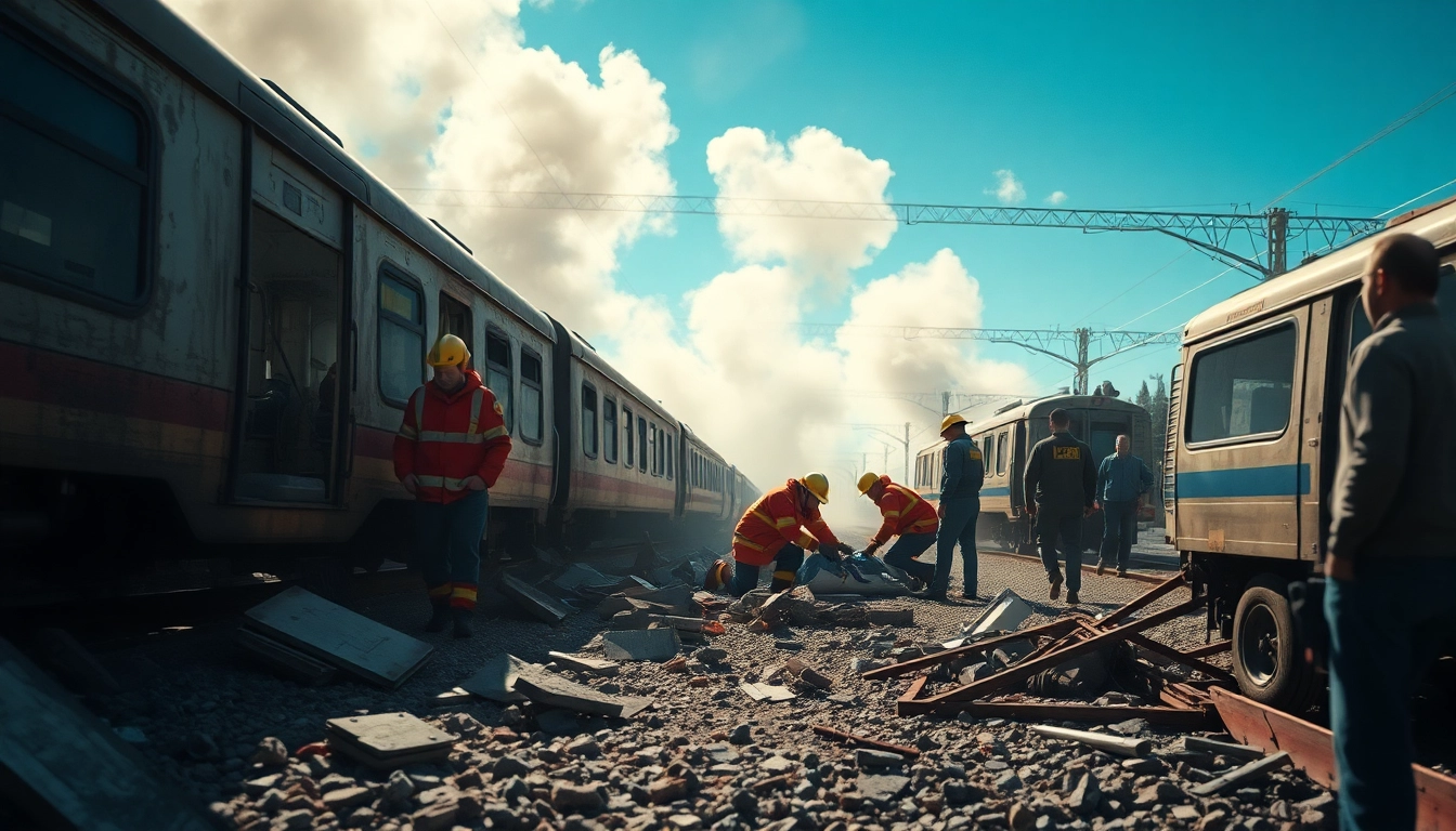 Spain train crash scene depicting emergency responders aiding victims amidst wreckage.