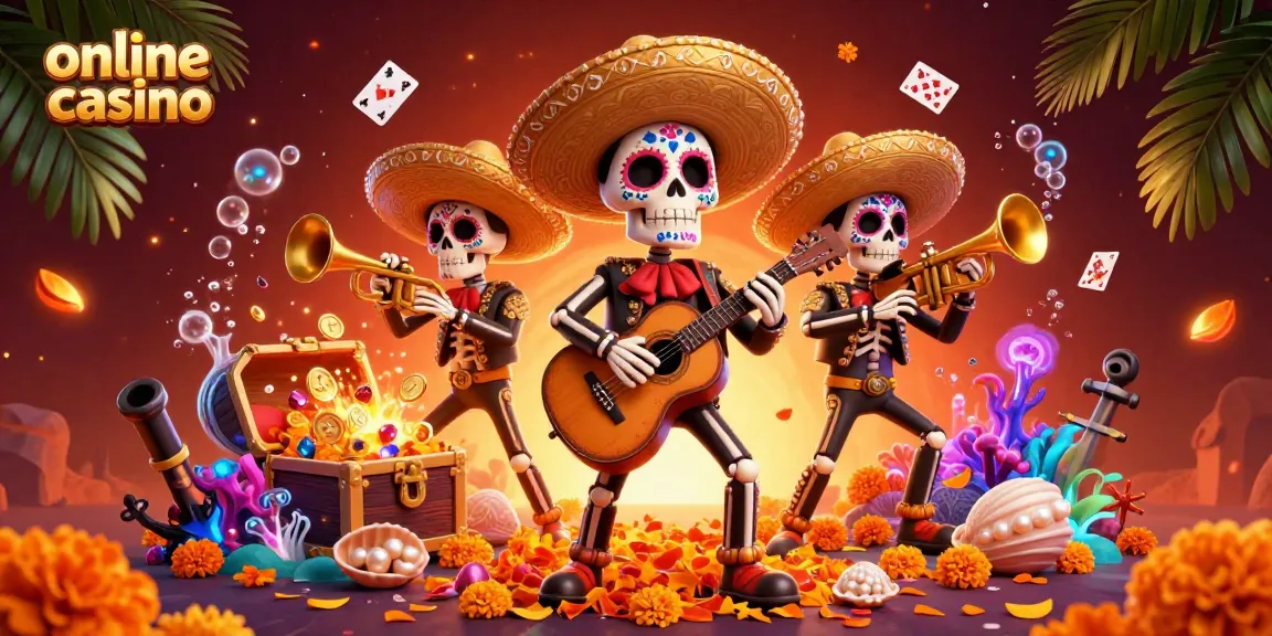 Immerse yourself in this vibrant online casino scene featuring a Day of the Dead mariachi band and treasure elements.