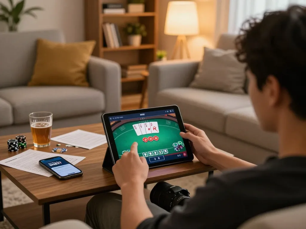 Engaging in online gambling at nhà cái SHBET with tablet in cozy home environment.