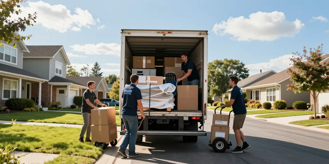 Wellen moving services team expertly loading furniture into a truck in a sunny residential neighborhood.