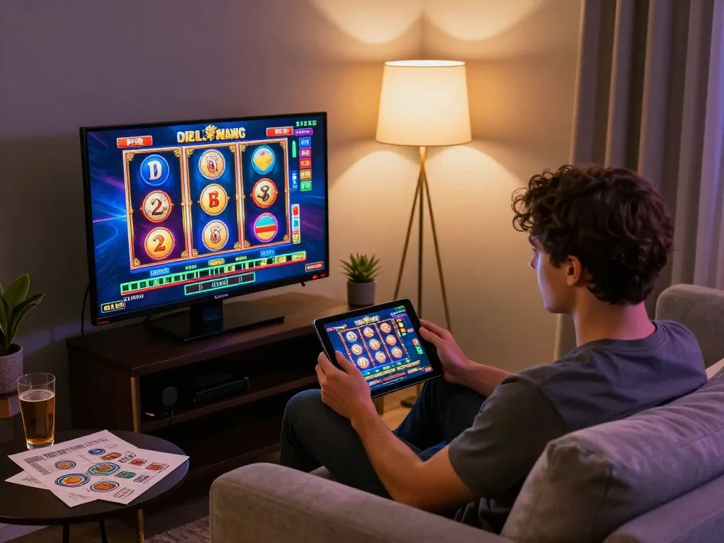 Kubet player engaging in an online slot game at home, showcasing a sleek tablet and cozy decor.