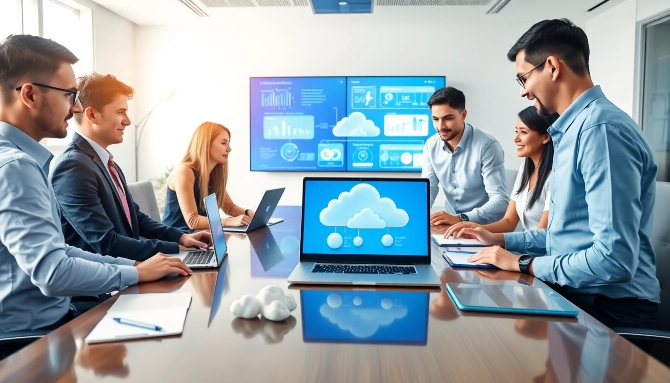 Team strategizing cloud migration services in a modern office, showcasing collaboration and expertise.