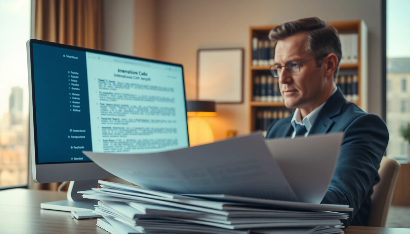 Ein Anwalt analysiert internationales Zivilrecht in einem modernen Büro mit juristischen Dokumenten.
