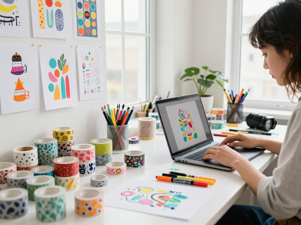 Custom washi tape designs being created in a vibrant art studio with colorful supplies and natural light.