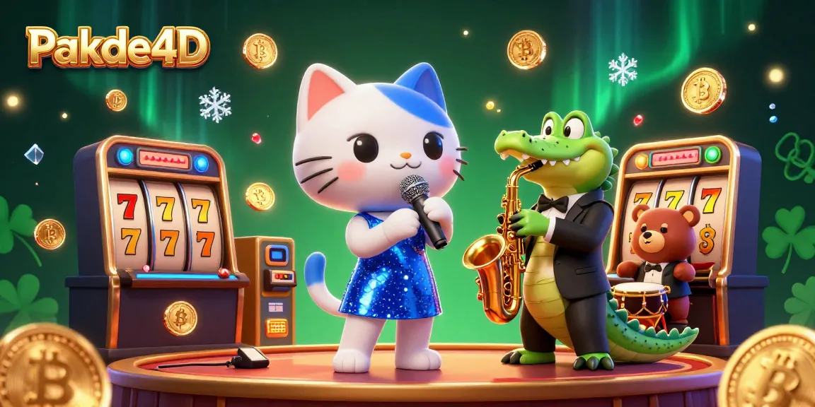 Pakde4D showcases an entertaining scene with a jazz-singer cat and jackpot slots, enhancing your gambling vibe.
