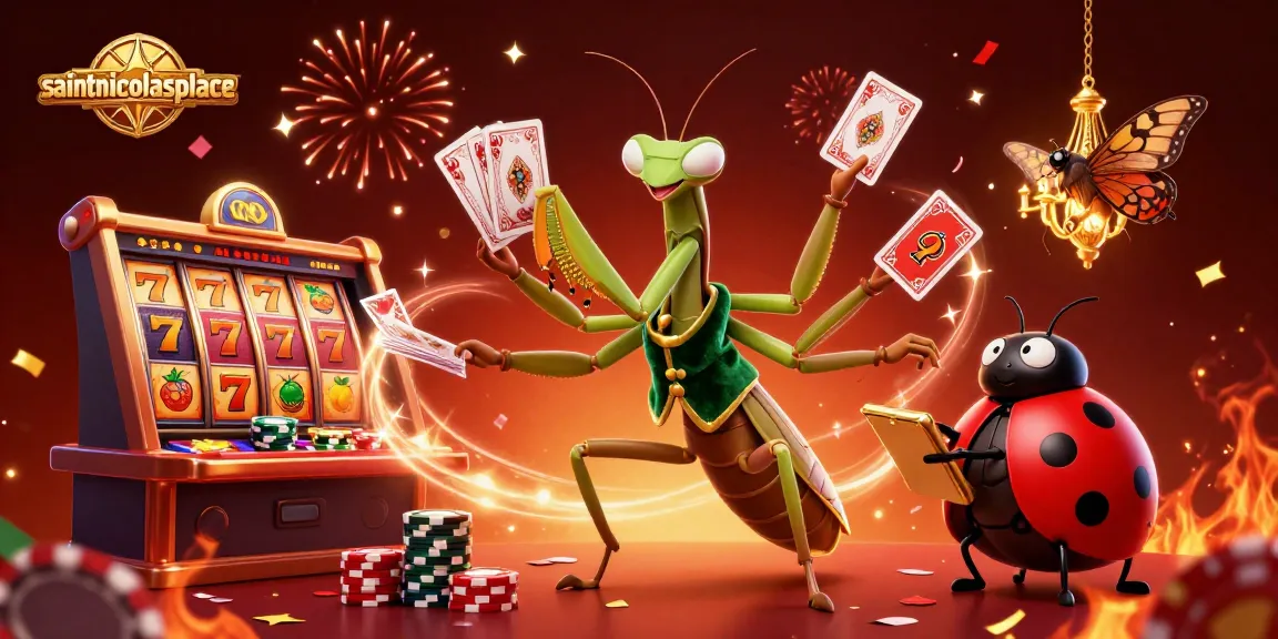 Experience the vibrant casino vibe at saintnicolasplace with a dynamic 3D illustration of a mantis card sharp and ladybug pit boss.
