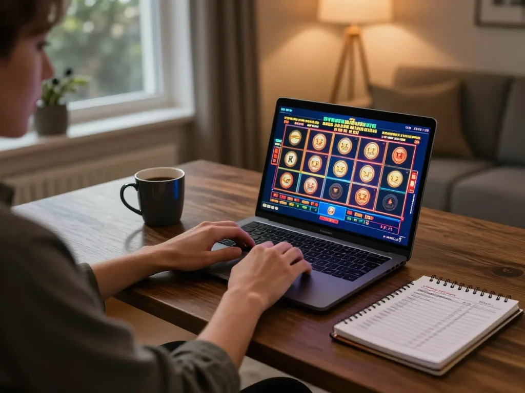 Playing casinò online europei on a laptop in a cozy home office, showcasing strategic gaming