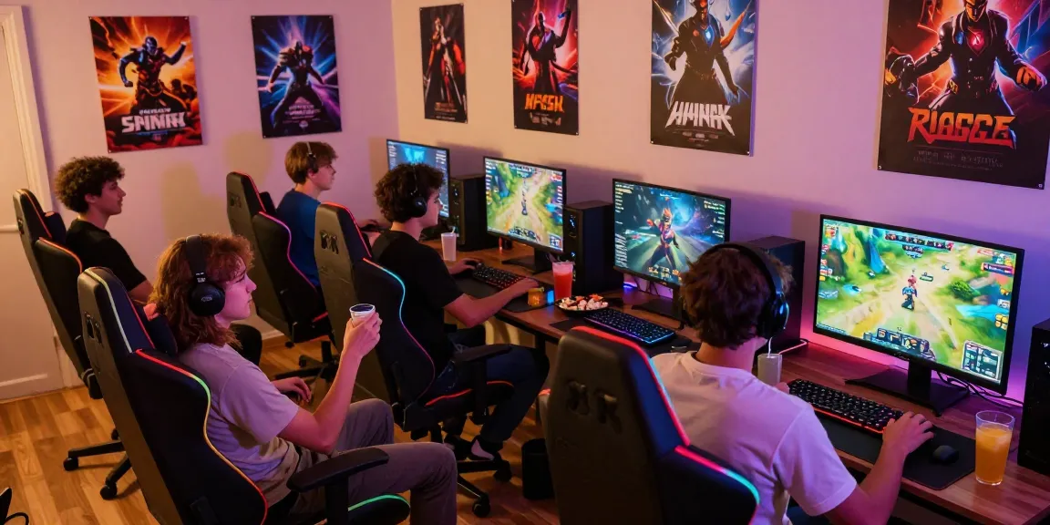Explore xxx games with friends in a vibrant gaming setup featuring multiple screens and cozy atmosphere