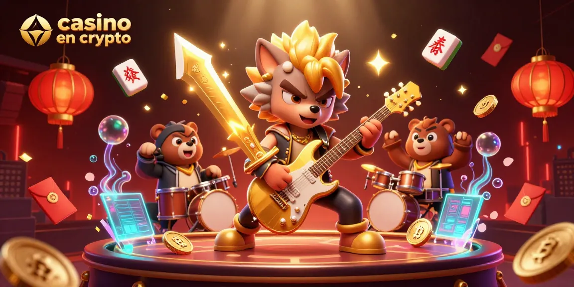 Profitez du casino en crypto avec un loup rock star et un ours batteur sur scène, entouré d'éléments de jeu.
