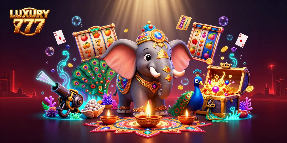 Slot LUXURY 777 menampilkan gajah berornamen dengan sinar gemerlap, memenangkan jackpot emas.