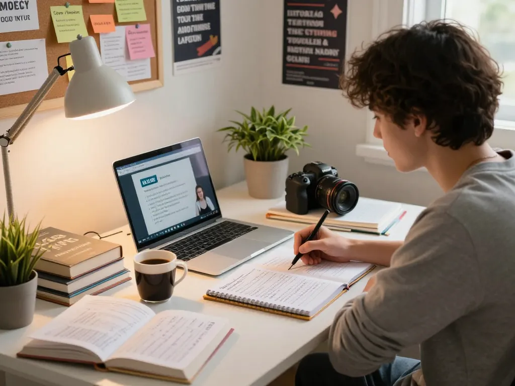 Student studying C168 course materials at a cozy desk with books, laptop, and motivational notes.