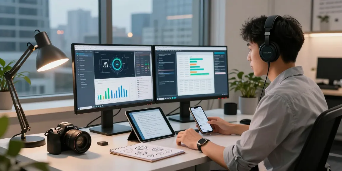 AI detector interface displayed on monitors in a modern workspace, showcasing accurate content moderation analysis and metrics.