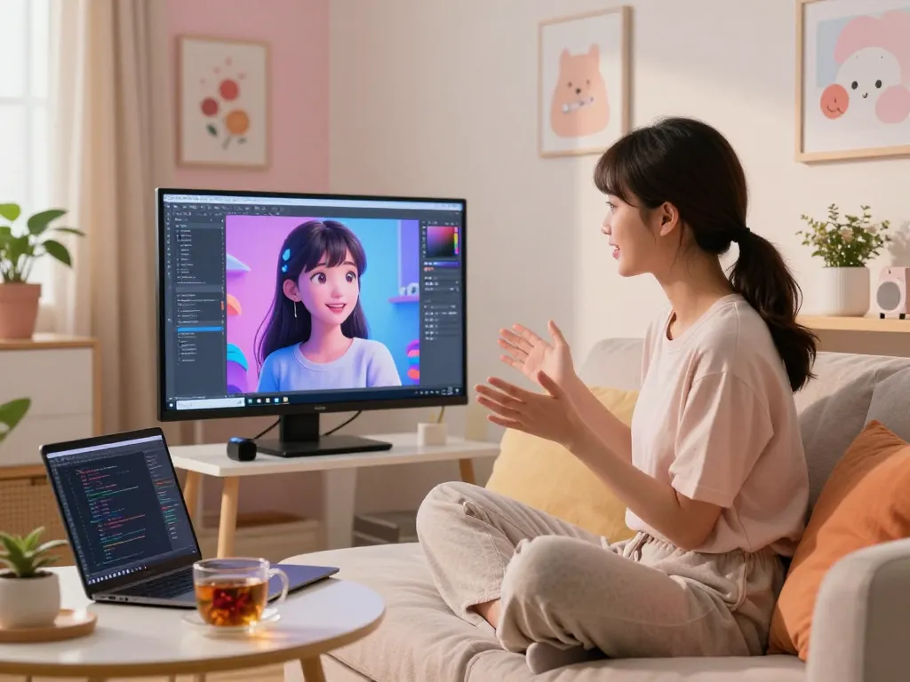Engaged user interacting with an AI girlfriend on a sleek device, showcasing technology and comfort.