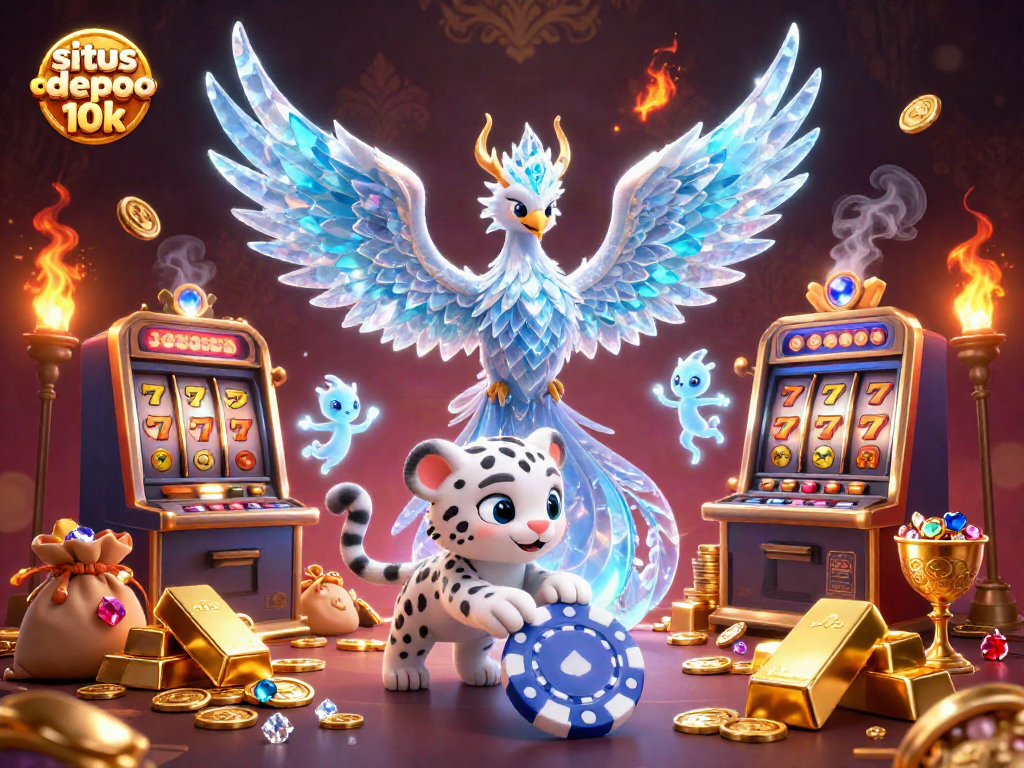 Engage with situs depo 10k in a vibrant casino scene featuring a playful snow leopard and glowing sprites.