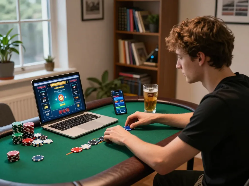 Engaging in a poker game on f168 from a stylish home office setup with vibrant gaming elements