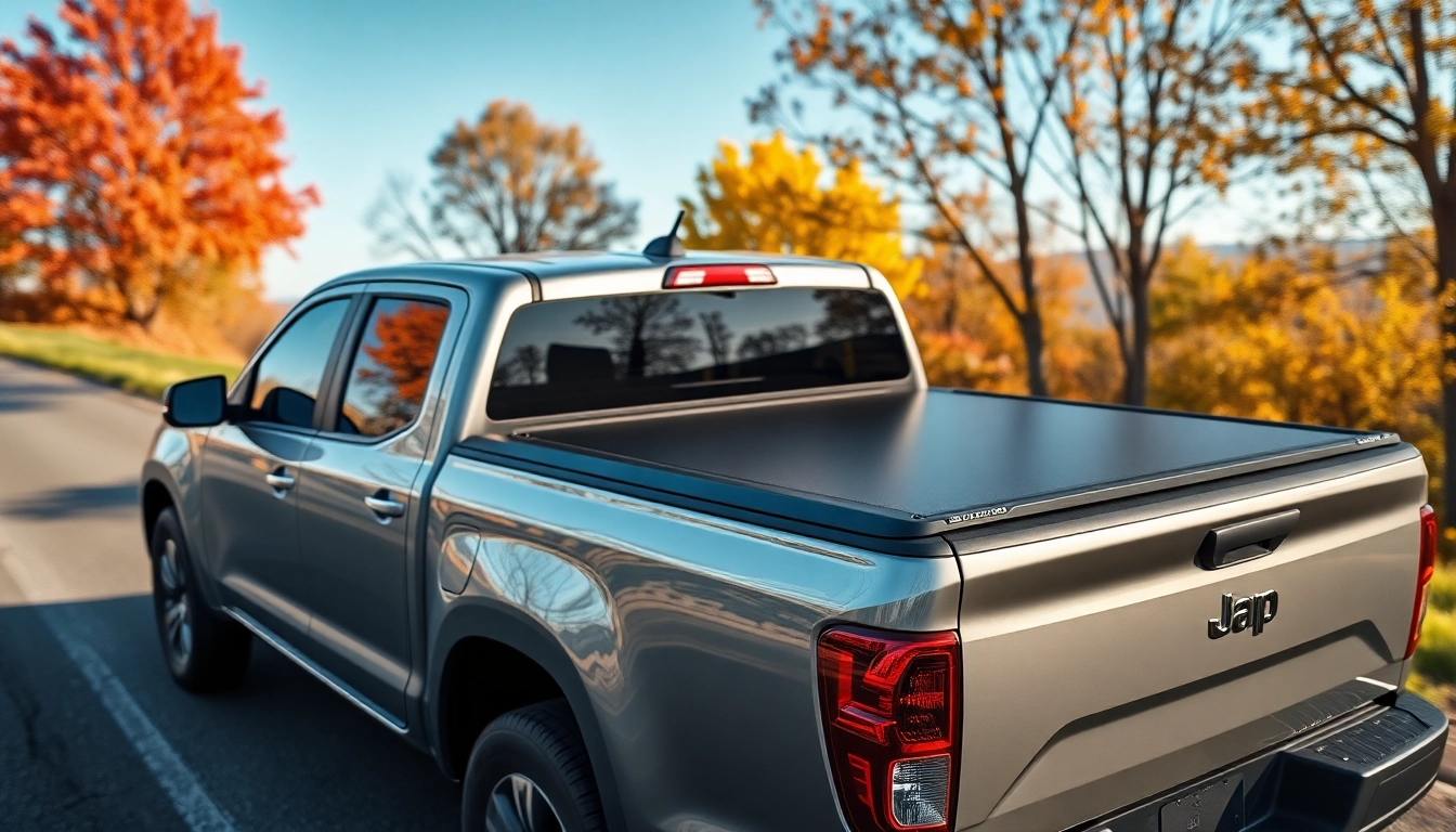 Showcase of a tonneau cover on a pickup truck parked in a scenic landscape, highlighting its sleek design.