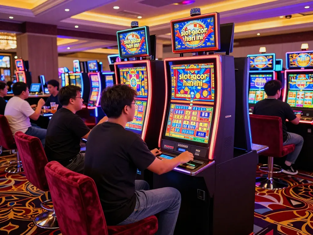 Adegan menarik seorang pemain yang terlibat dengan slot gacor hari ini di mesin slot kasino yang meriah.
