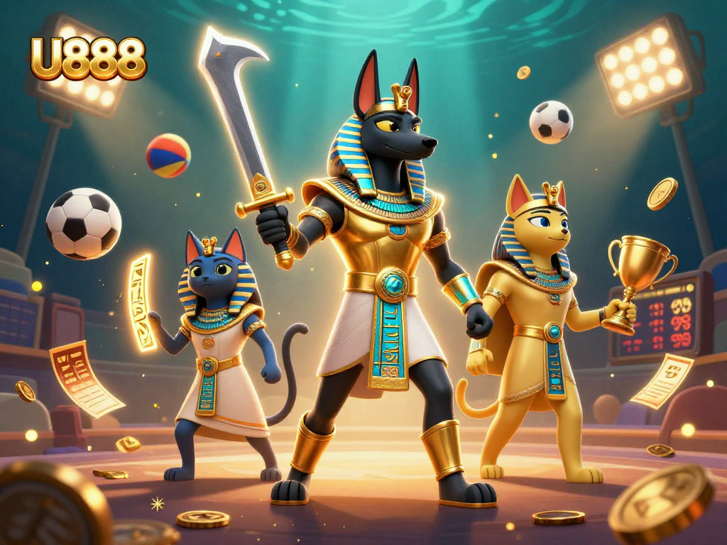 Engage with U888's immersive gambling scene featuring Anubis and Bastet amidst dynamic sports elements.