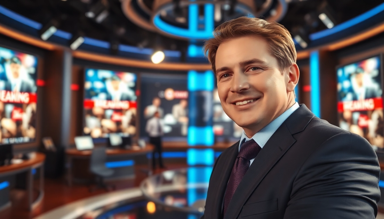 Engaging news anchor presenting the latest news updates in a modern studio.