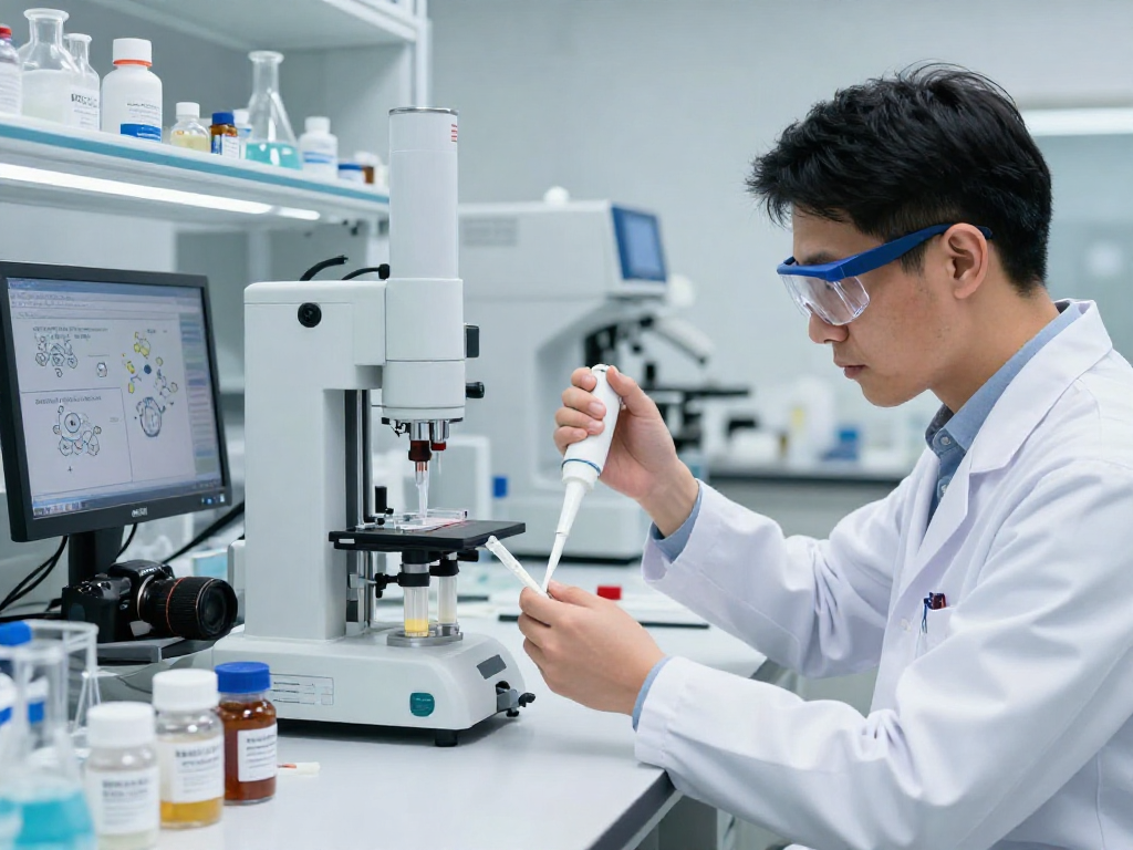 BPC 157 TB 500 Blend formulation in a high-tech lab with a scientist preparing precise multi-layer strips.