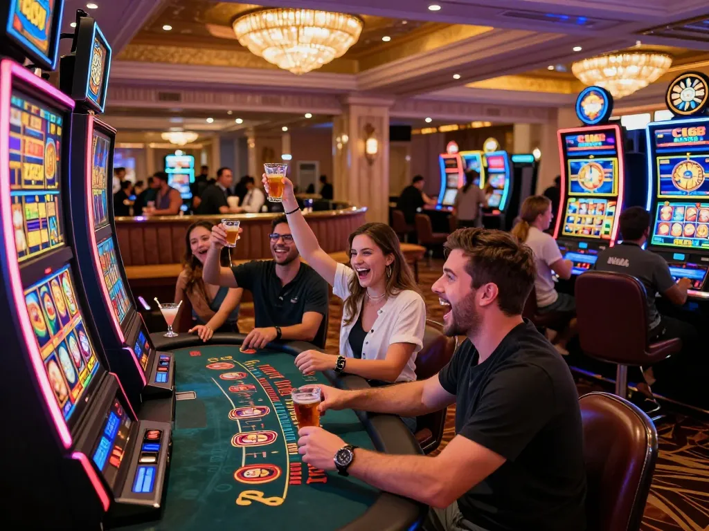 Excited players celebrating at C168 Casino with bright slot machines and luxurious gaming environment.