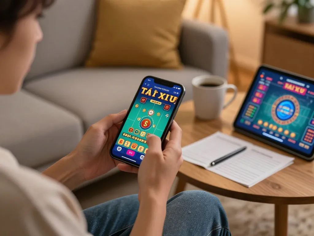 Engaging with app tài xỉu online uy tín on a smartphone while enjoying a cozy home atmosphere.