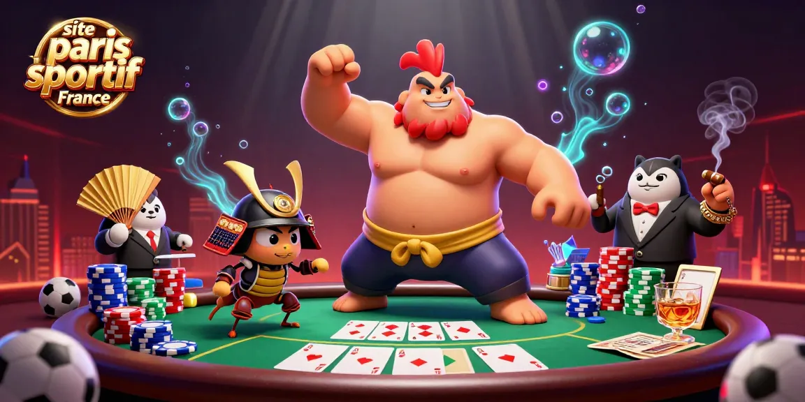 Pariez avec le site paris sportif France sur un tableau de poker vibrant, illustrant un combat entre un sumo et un joueur de cricket.