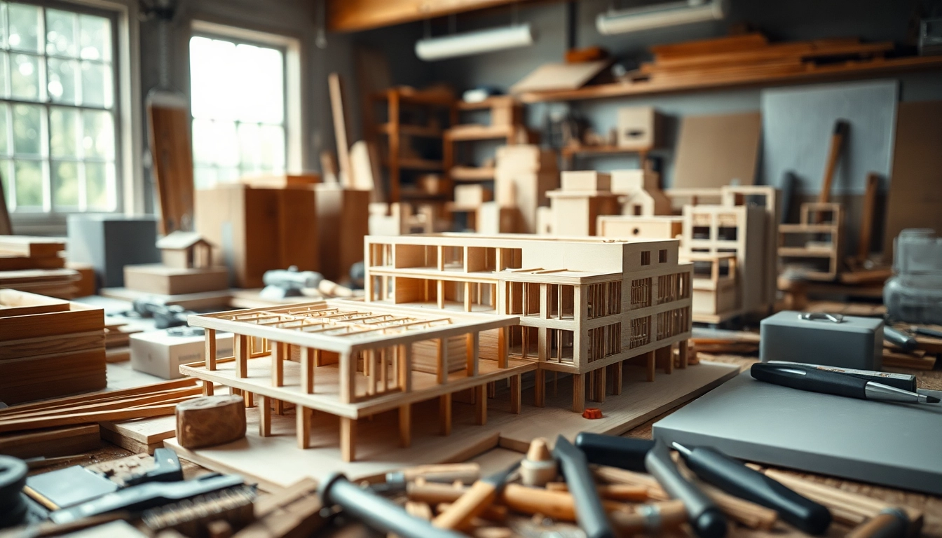 Architekturmodellbau Kiel: Detaillierte Ansicht eines Modells in einem kreativen Werkstatt-Setting.