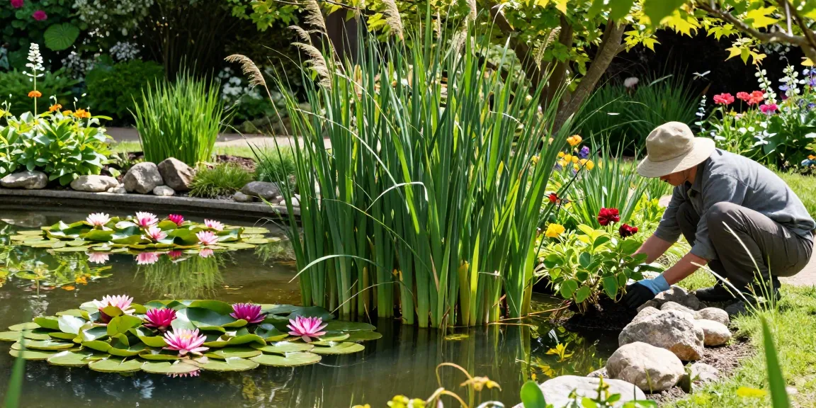 Vibrant scene of British pond plants in a tranquil garden pond, featuring blooming water lilies and a gardener.