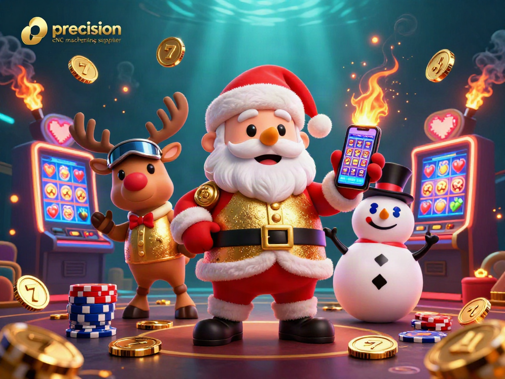 Spin slots with precision cnc machining supplier showcasing colorful casino elements and festive characters.