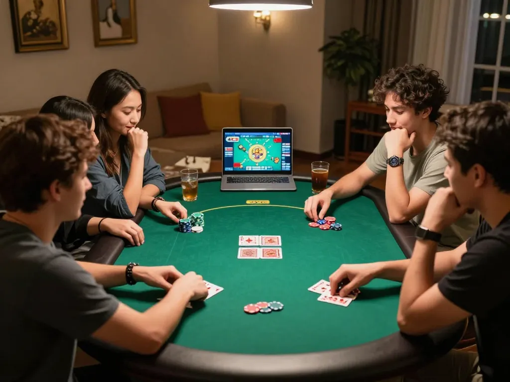 Playing Mahjong Ways 2 with friends during a poker night at home, enjoying strategic gameplay and fun.