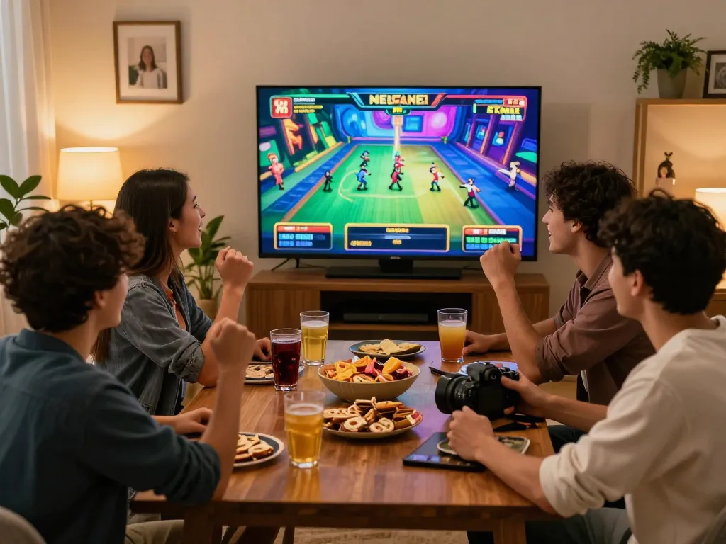 Friends celebrating wins while playing link slot gacor online together, showcasing vibrant game atmosphere and social fun