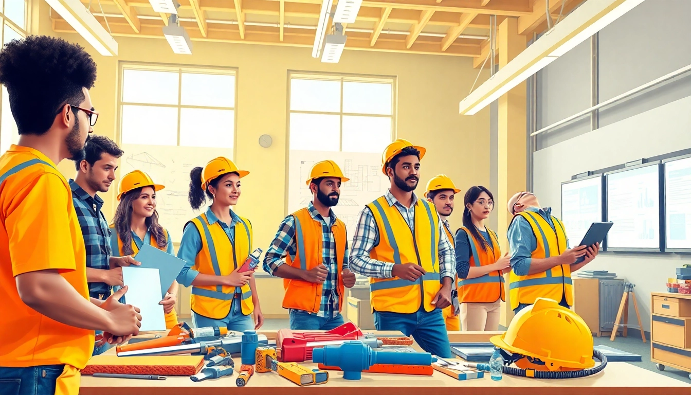 Participants engaging in construction training programs in a bright workshop, learning with hands-on tools.