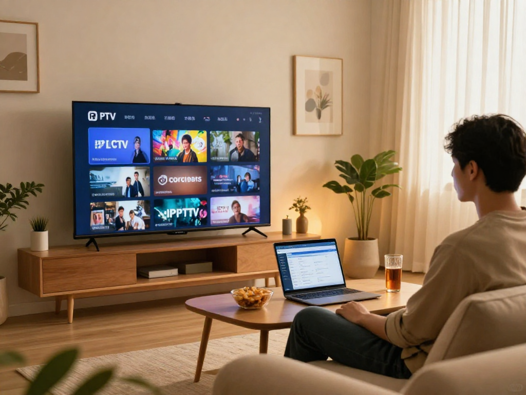 IPTV subscription comparison showcased in a modern home setting with a vibrant streaming interface on TV.