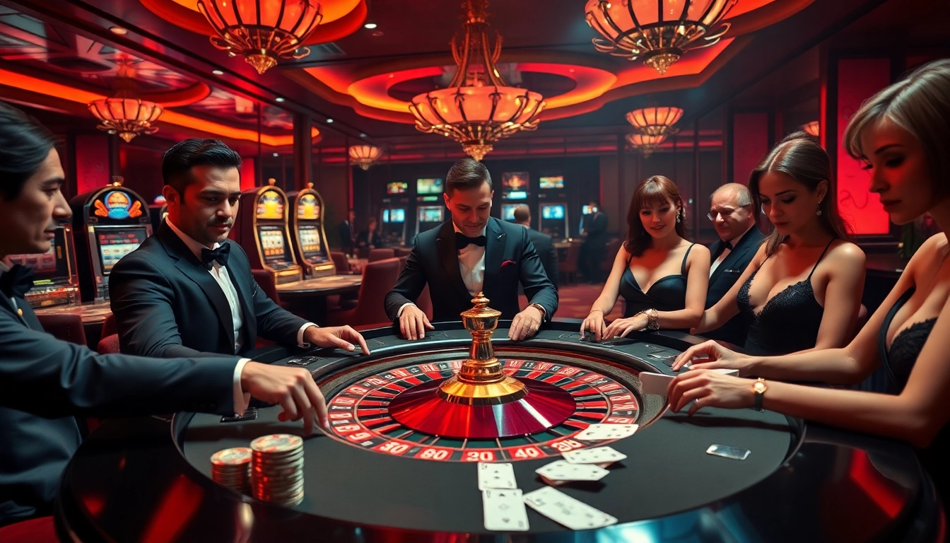 Players enjoying the thrill of gambling at a luxurious casino, showcasing zonafilm-themed elements.