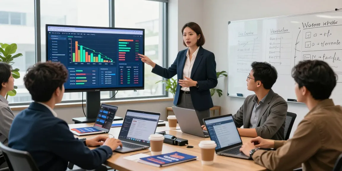 Analyst examining voter engagement analytics in a modern campaign office, showcasing strategic data visualization and collaboration.