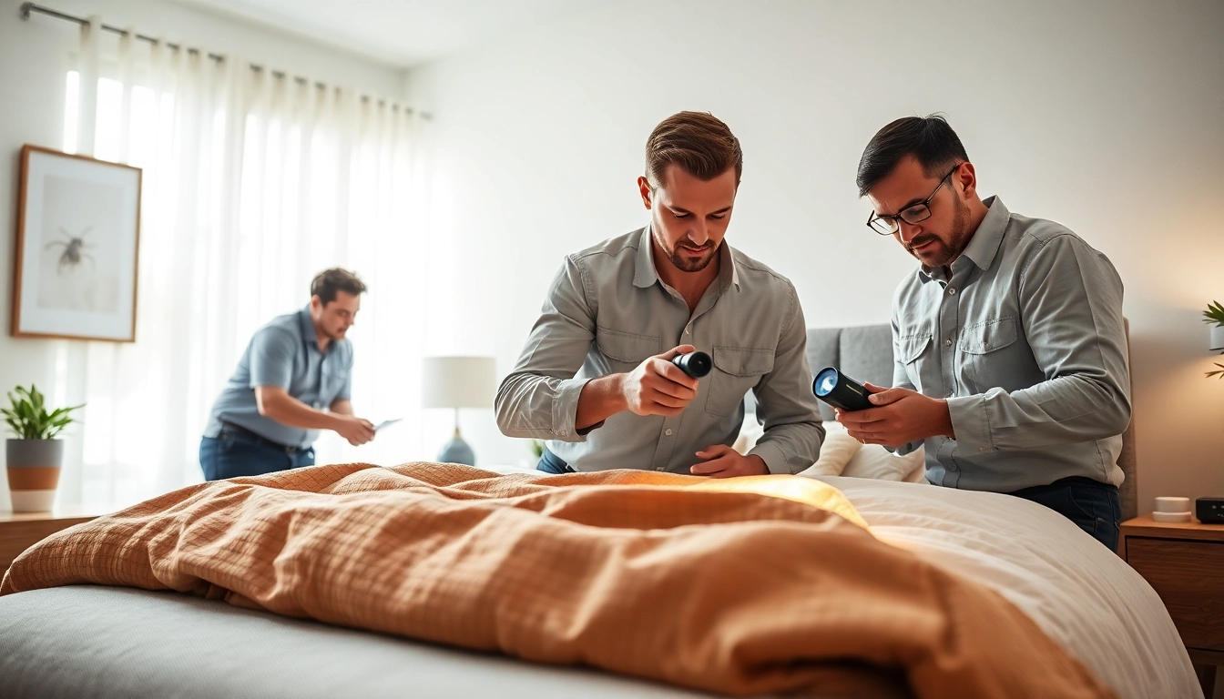 Local bed bug exterminators inspecting a bedroom for effective bed bug removal.