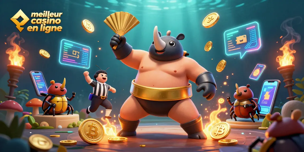Admirez le meilleur casino en ligne où un rhinocéros scarabée sumo en ceinture dorée fait pleuvoir des pièces d'or.