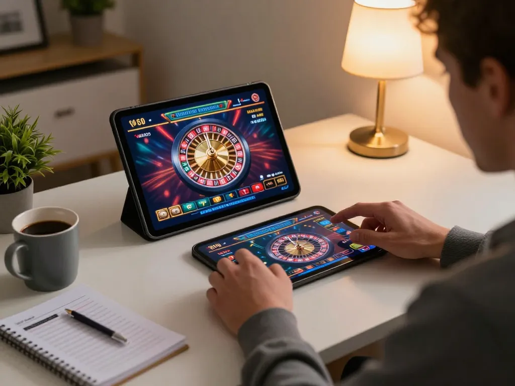 Playing engaging casino online esteri games on a tablet in a cozy home setup