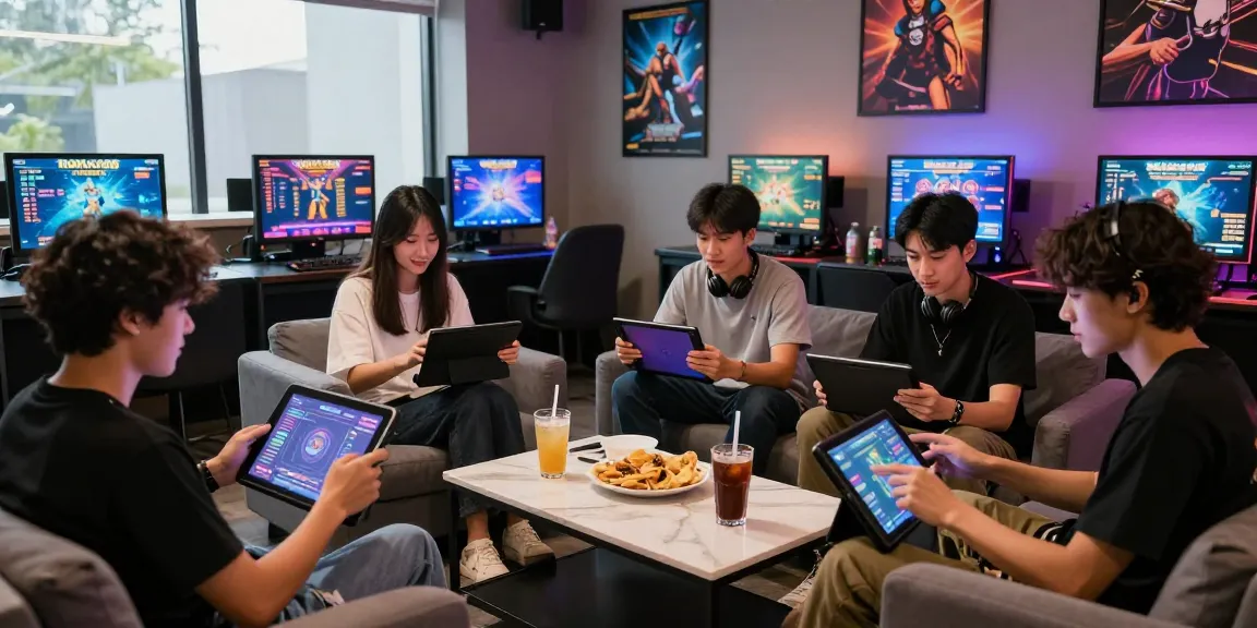 Engaged players enjoying rokok88 rtp game at a vibrant gaming lounge.