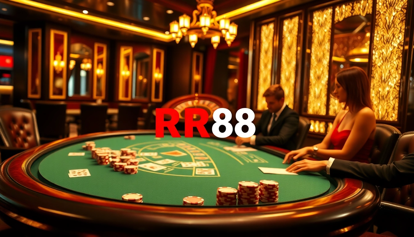 RR88 players engage at a high-stakes poker table, showcasing luxury gambling excitement.