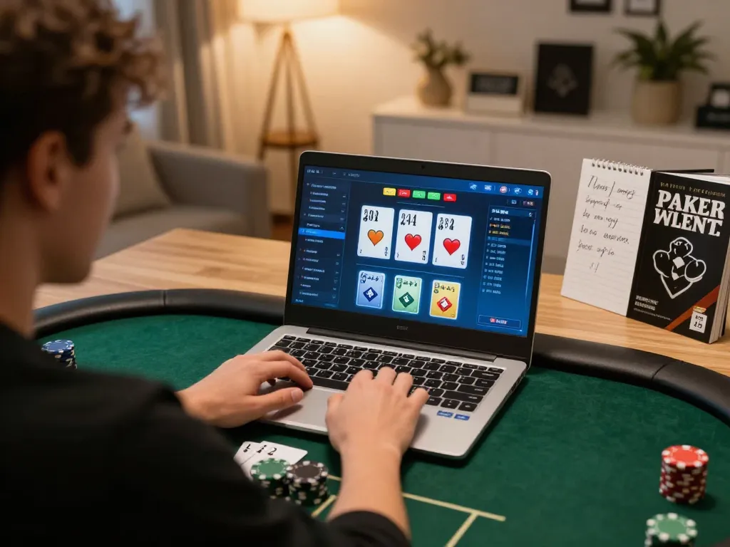 Engaging in online poker gameplay at home with CM88 COM interface visible on the laptop.