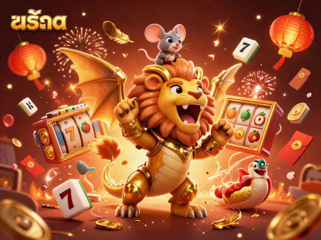 Engage in thrilling สล็อต action with a victorious chimera creature amidst colorful casino elements.